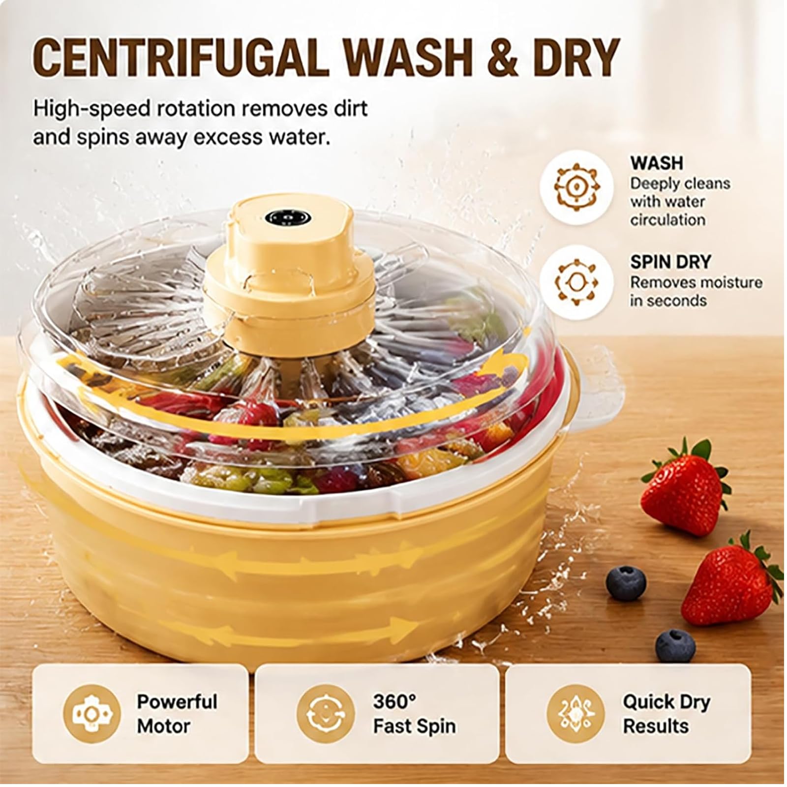 Centrifuga elettrica per Lavatrice per Frutta, Lavaggio e centrifuga a 360° | 12 testine e base antiscivolo, ciotola per la pulizia di frutta e verdura, per insalata di lattuga(white)