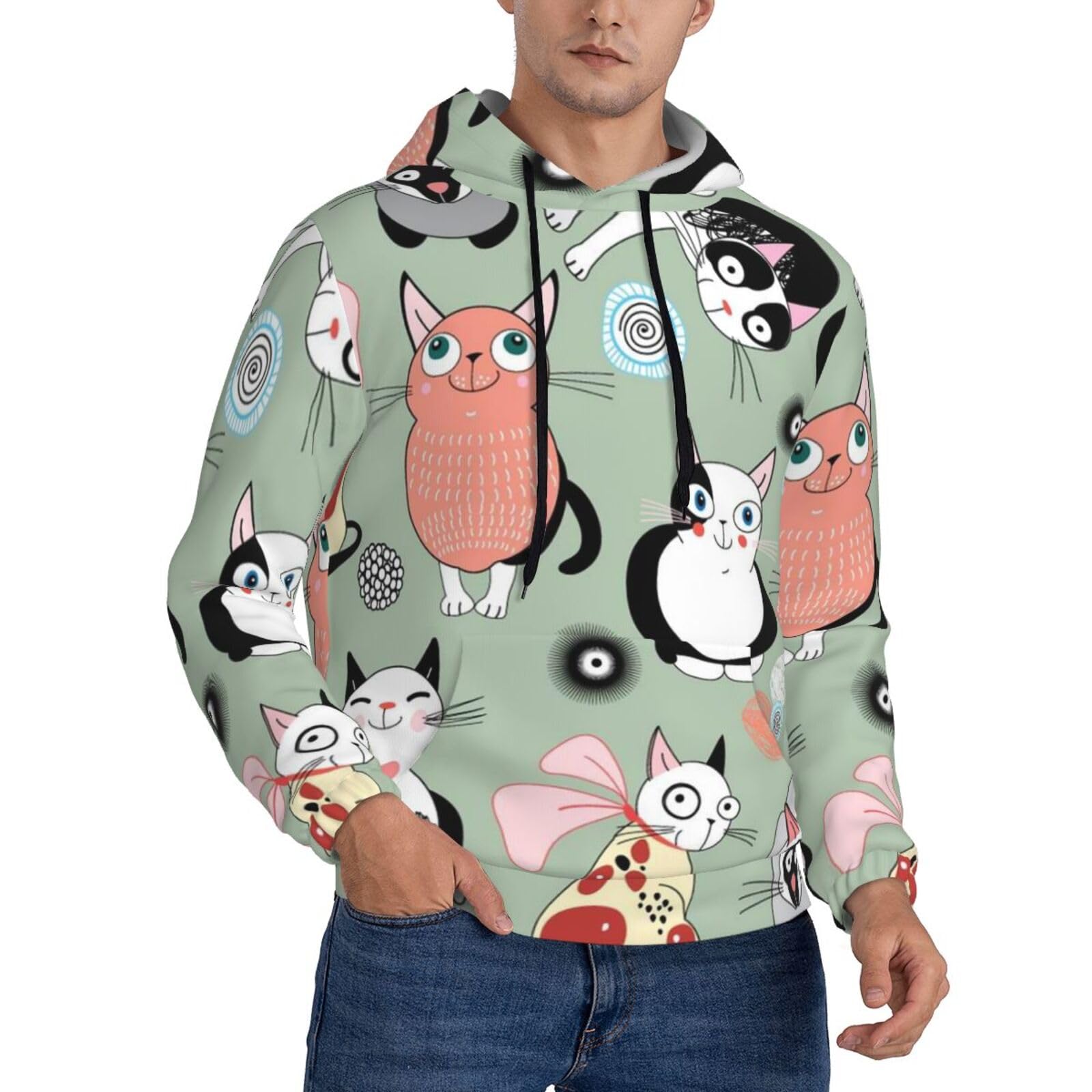 Froon Men's 3 D Graphic Hoodies Casual Lovely Cartoon Cats Print Hooded Sweatshirt Drawstring Pullover Hoodie For - With Kanga Pocket