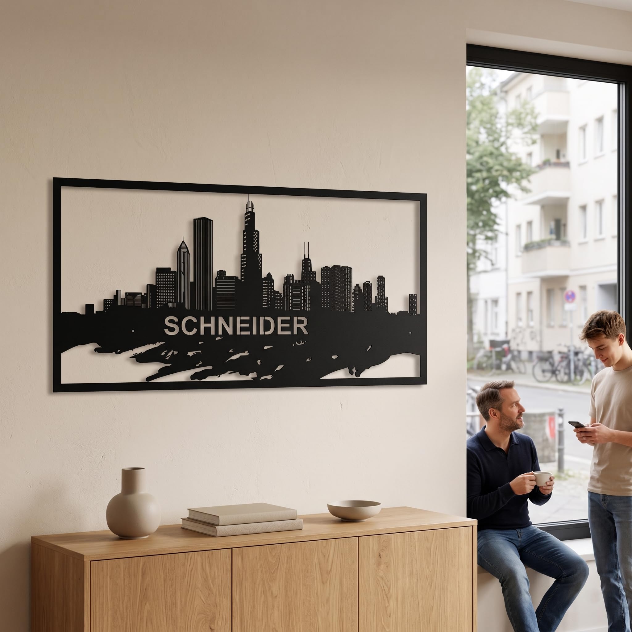 Arte de pared de metal personalizado con el horizonte de la ciudad de Chicago, letrero personalizado de paisaje urbano de la ciudad de los vientos, decoración de pared de los
