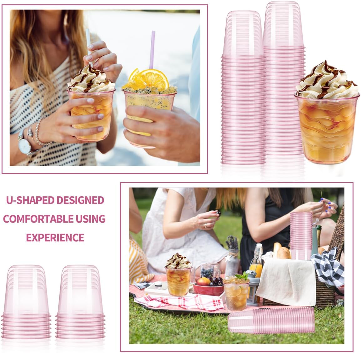 100Pcs Pink Plastic Cups,12 Oz Disposable Pink Drinking Cups Stemless Wine Glasses for Cocktail Party Cups for Wedding Birthday Party Supplies