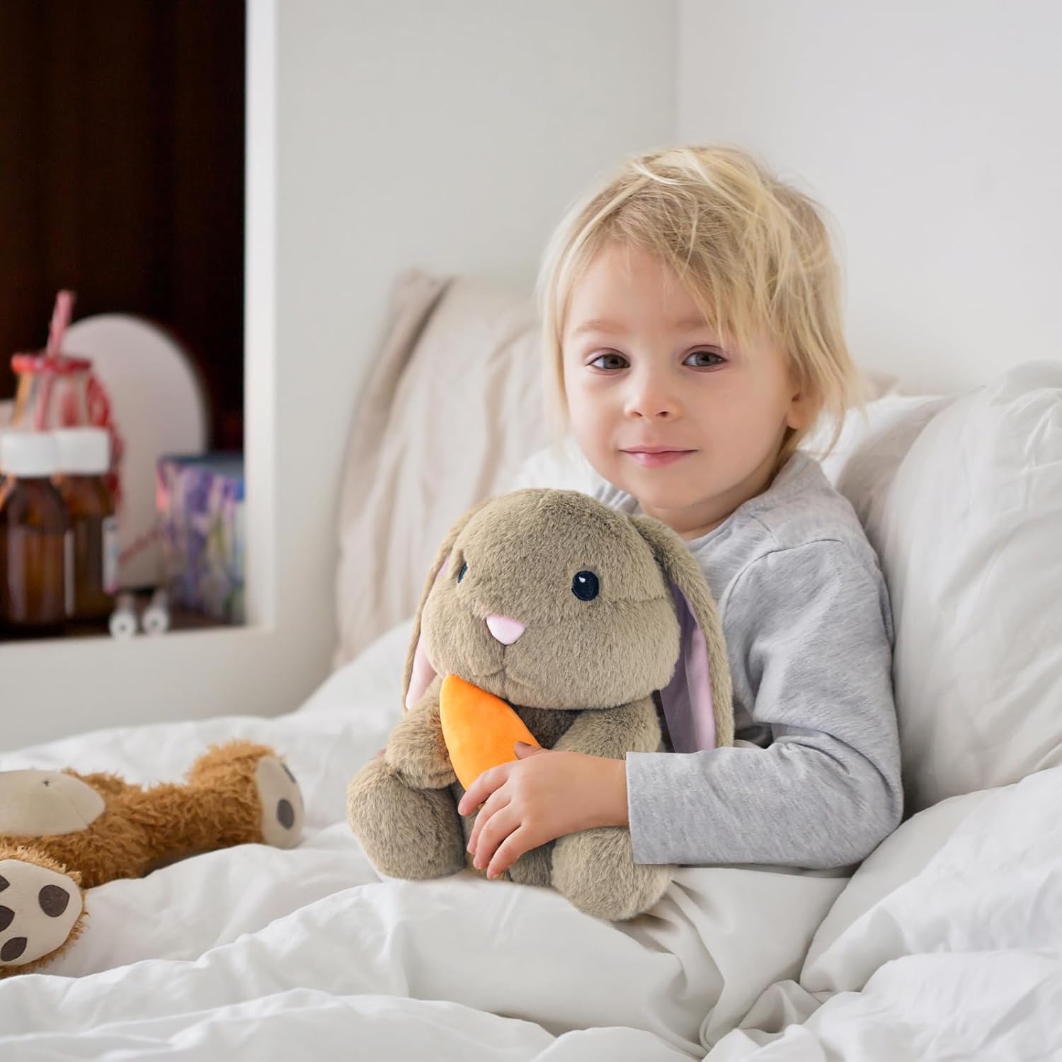 Easter Bunny Stuffed Animal, 9" Plush Rabbit with Floppy Ears and Carrot, Rabbit Stuffed Animals Plush Toy Easter Gift for Kids Girls Boys, Brown
