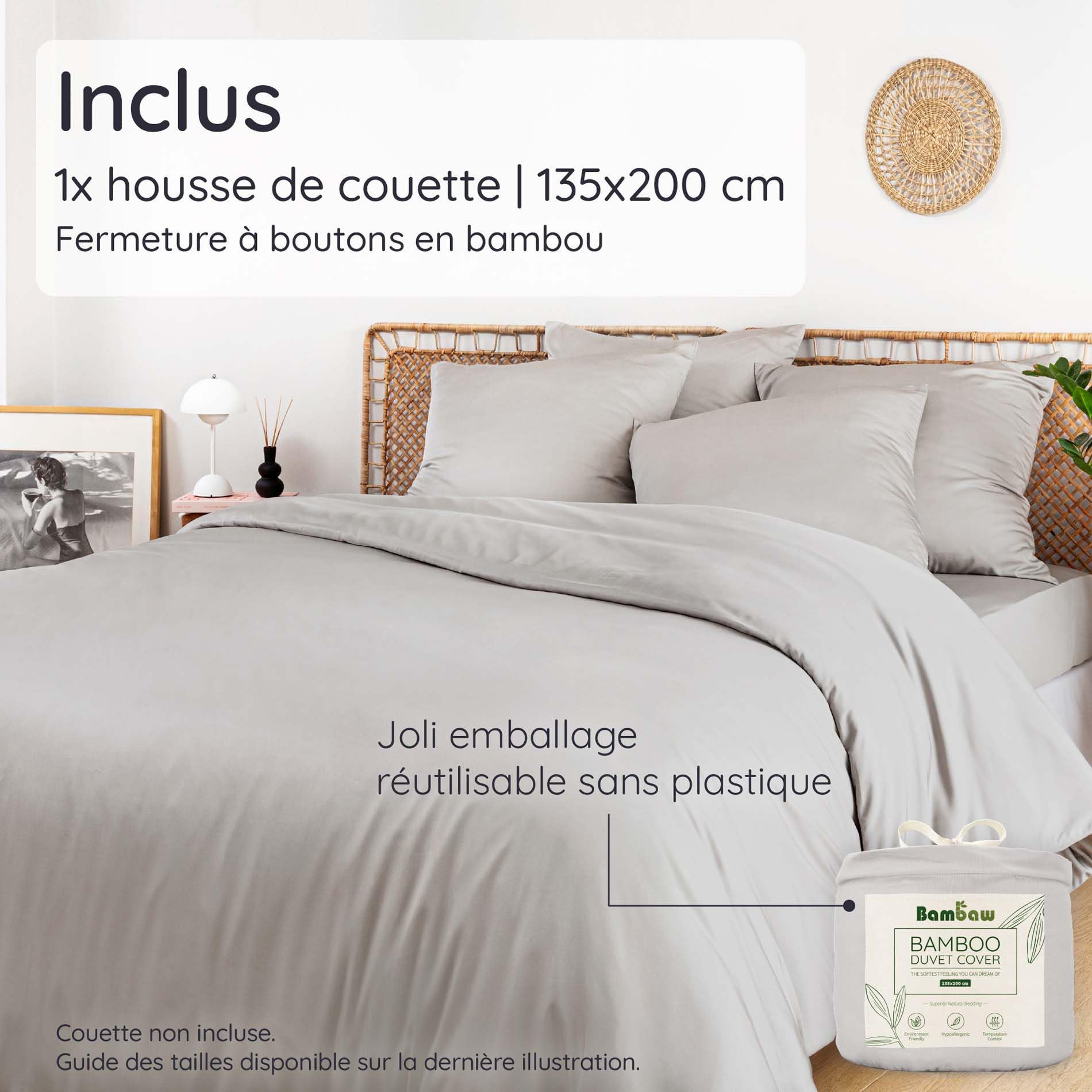 Bambaw Housse Couette Bambou 135x200 cm, Housse de Couette Rafraichissante et Respirante, Linge de Lit en Bambou, Drap Anti Acarien et Hypoallergénique, Drap Fraicheur pour 1 Personne (Gris)