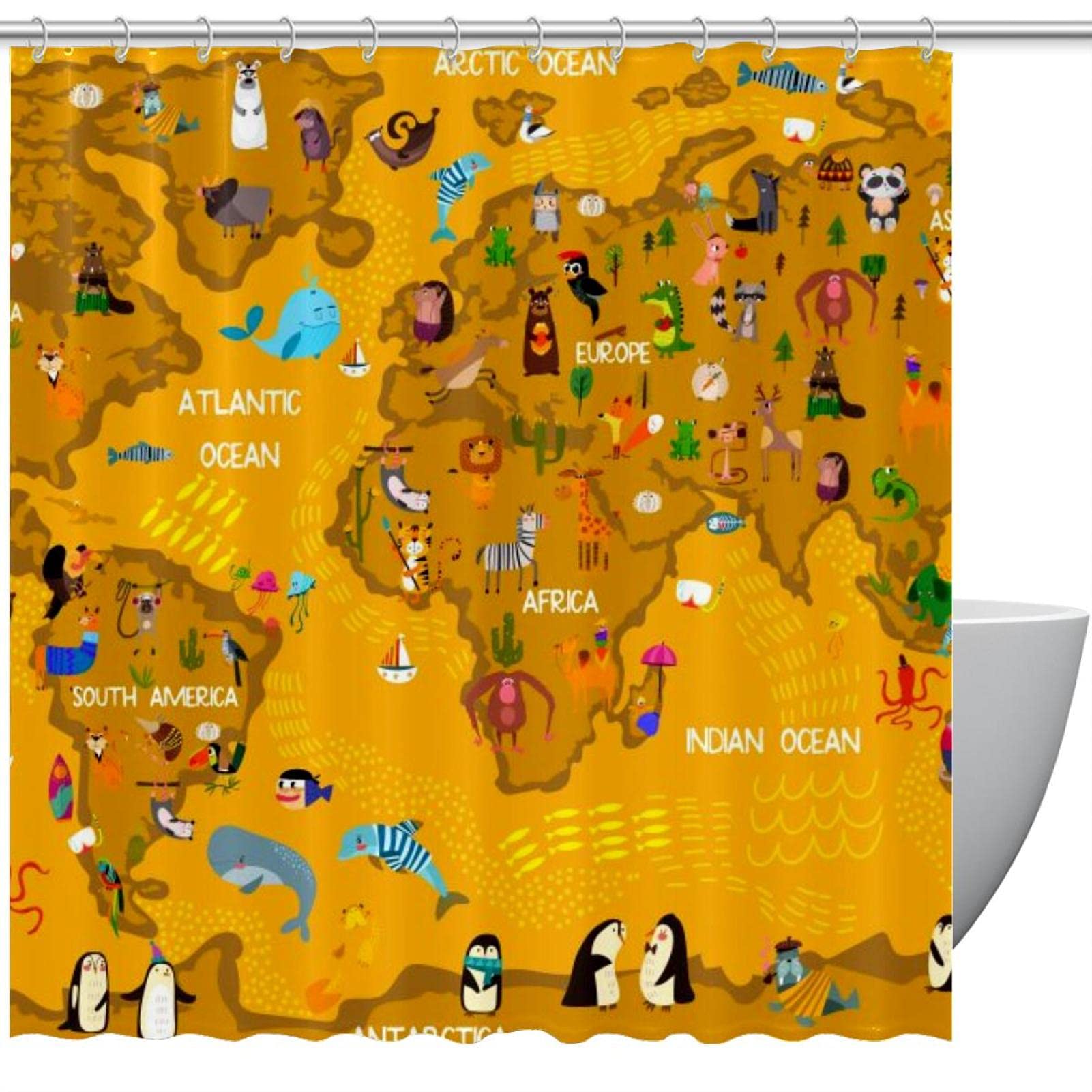 Rideau de douche carte du monde des animaux de 183 cm pour la salle de bain