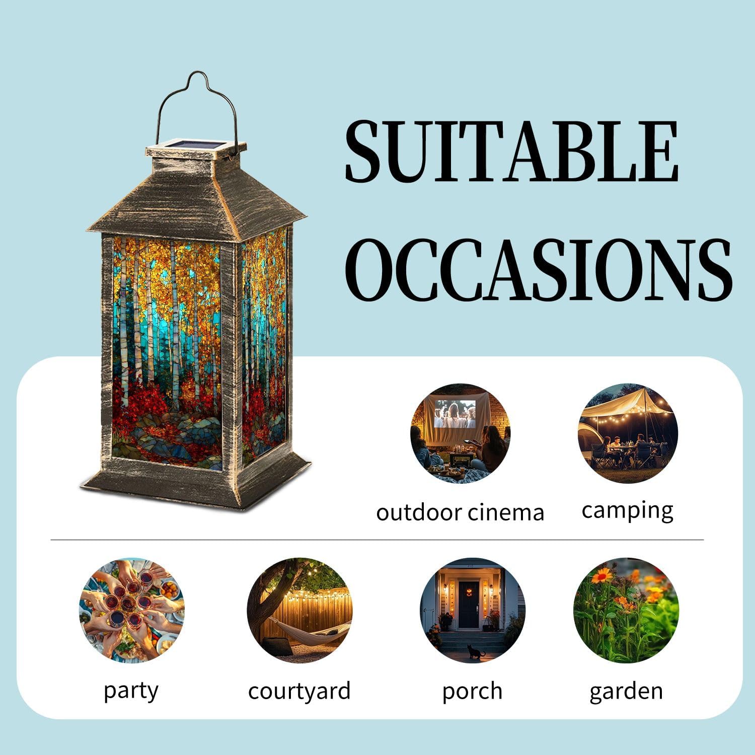 Solar Lantern Autumn Fall Trees Stained Glass Art Birch Tree Maple Leaves Outdoor Garden Hanging Lantern Waterproof Solar Powered Lighting Outside Table Lamp for Deck Yard Camping Patio Decor
