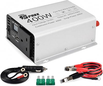 SPARK 400W Pure sine wave Inverter 12v to 230v, Car Voltage Converter Transformer with 3-Pin Sockets Ports for Charging Phones, Laptop, Tablets, GPS Units, TV, Camping Equipment USB-C port