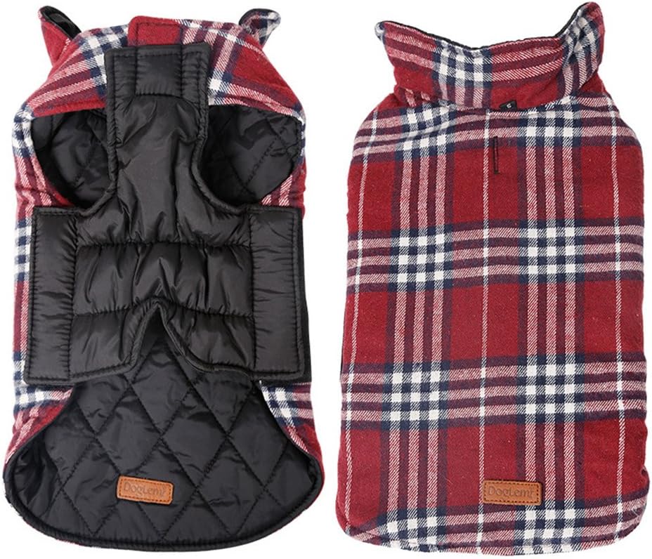 Kimfoxes Pet Dog Reversible Cozy Plaid Coat Autumn Winter Warm Jacket Waterproof Windproof Clothes British Style Vest Padded Apparel Garment for Medium Large Dogs(Red XS)