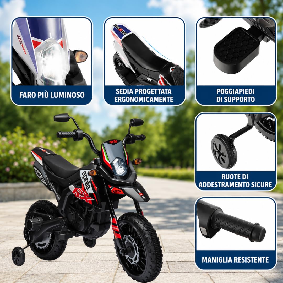 Moto Elettrica per bambini 12V Super Cross Aprilia RX125 con licenza ufficiale Moto da Cross con Ruote in Gomma Sedile in pelle Doppio Motore con Rotelle Luci e Suoni integrati (Rosso)