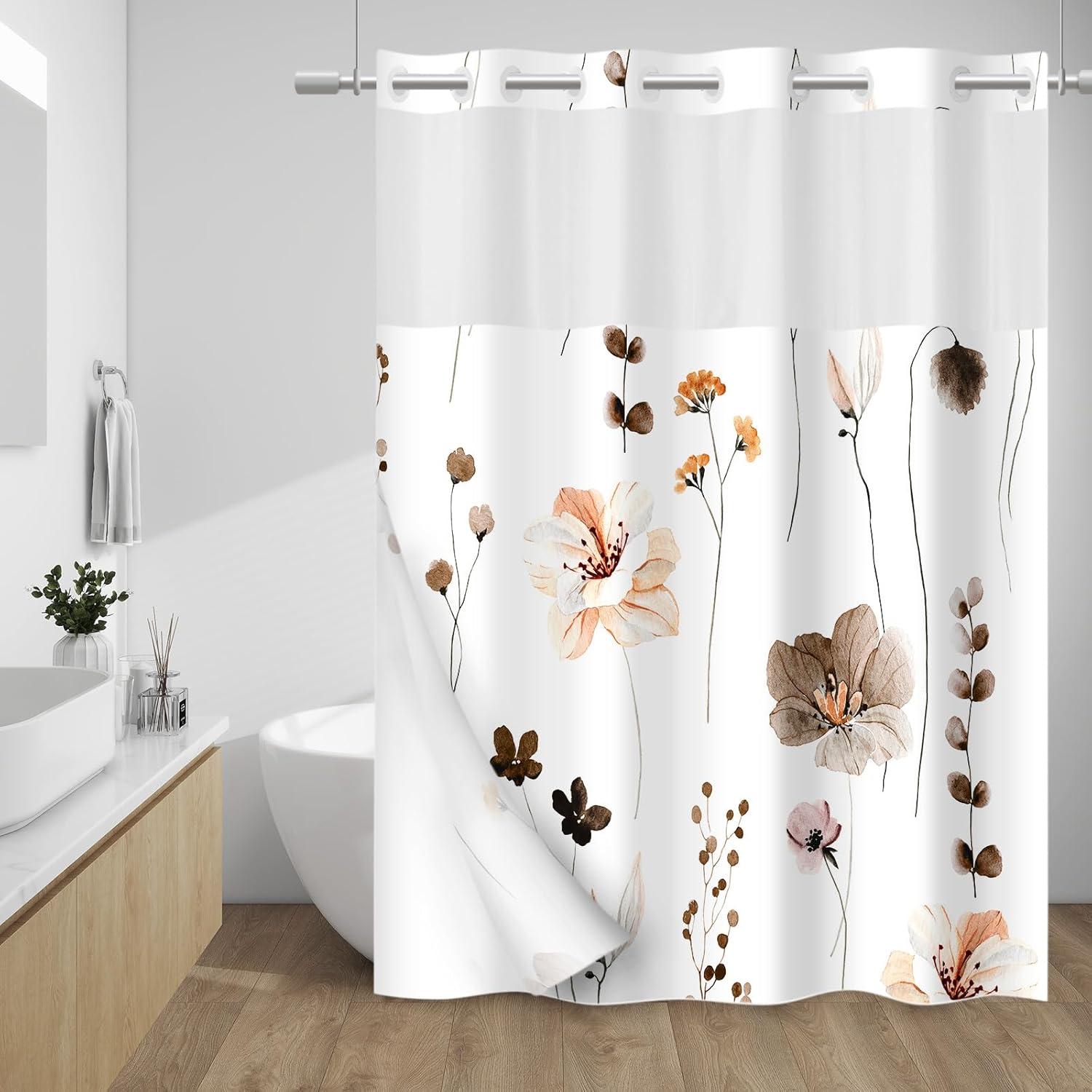 WITHLOC No Hook Shower Curtain with Snap in Liner - Floral Shower Curtain - Fabric Waterproof Inner Liner, Plants Watercolor Brown Modern Cloth Shower Curtains - Machine Washable, 71 x 74