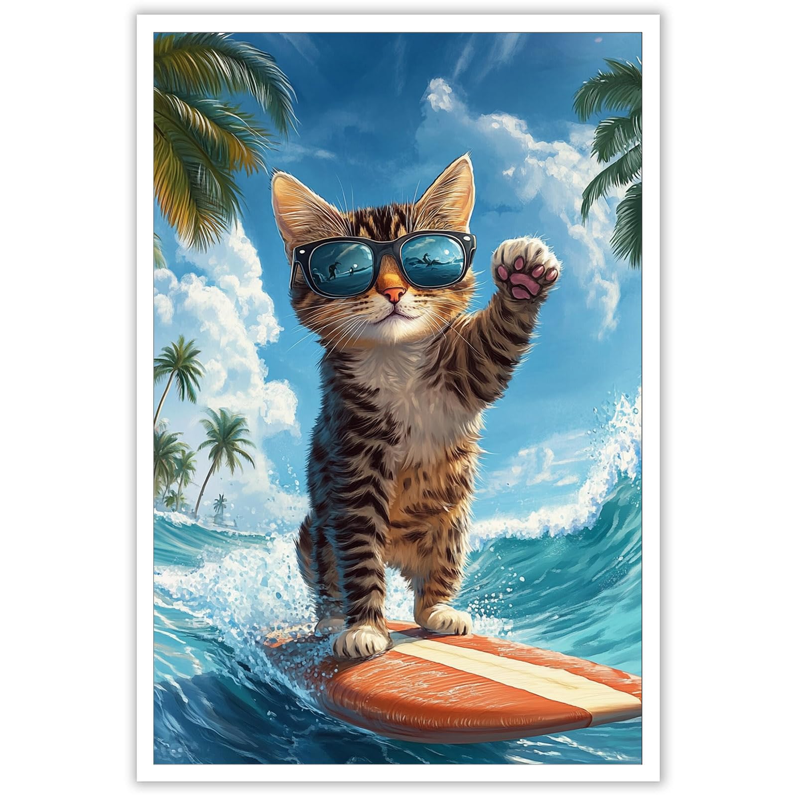 Cute Animal Surf Canvas Wall Art Funky Cat Summer Beachy Surf Poster Funny Abstract Cat Surfer Sports Wave Prints Painting For Home Bedroom Dorm