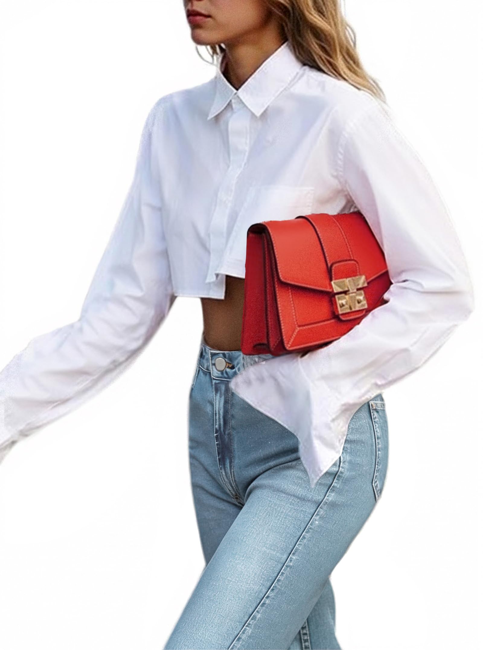 Remidoo Women's Asymmetrical Hem Long Sleeve Cropped Button Up Shirt Crop Top Blouse Streetwear