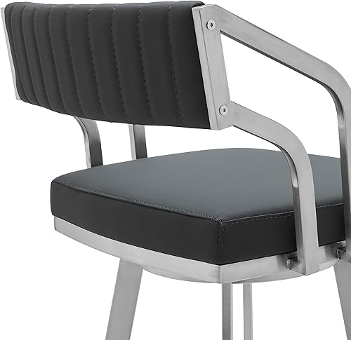 Vista 43 de Armen Living Prinz Taburete giratorio de 26 pulgadas de altura de mostrador en piel sintética negra y acabado de acero inoxidable cepillado