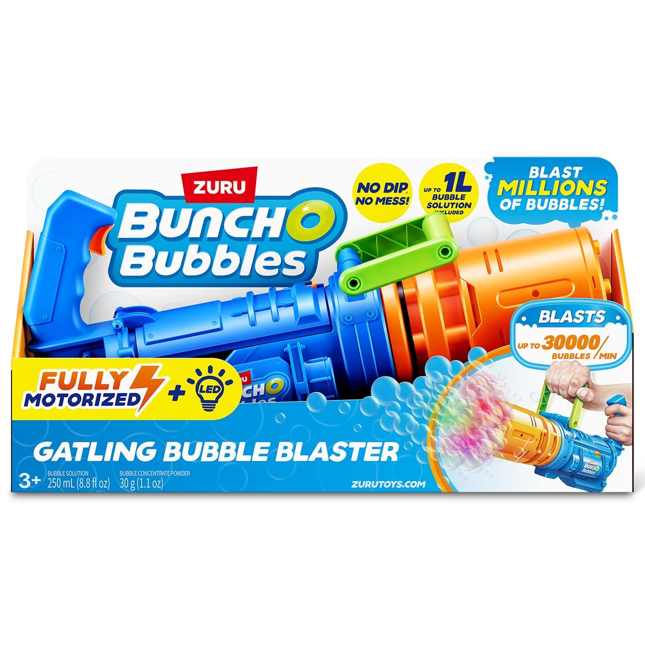 Bunch O Bubbles Gatling Seifenblasen-Blaster – Motorisierte XXL-Action mit LED-Effekt – 15.000 Bubbles pro Minute - Inkl. 250 ml Lösung - Ultimatives Party-Highlight