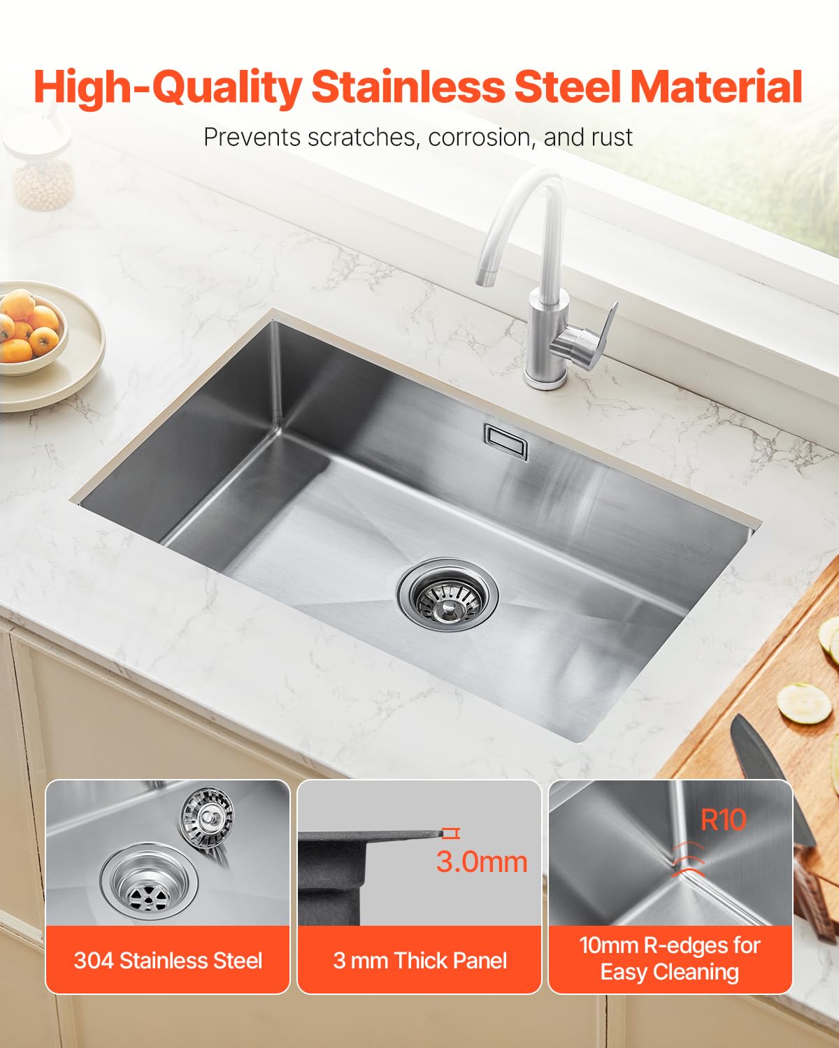 VEVOR Fregadero de Cocina bajo Encimera Acero Inoxidable 304, Lavabo de Granja de Un Solo Tazón con Accesorios, Fregaderos de Lavavajillas Domésticos para RV, Cocina de Preparación, 760 x 430 x 190 mm