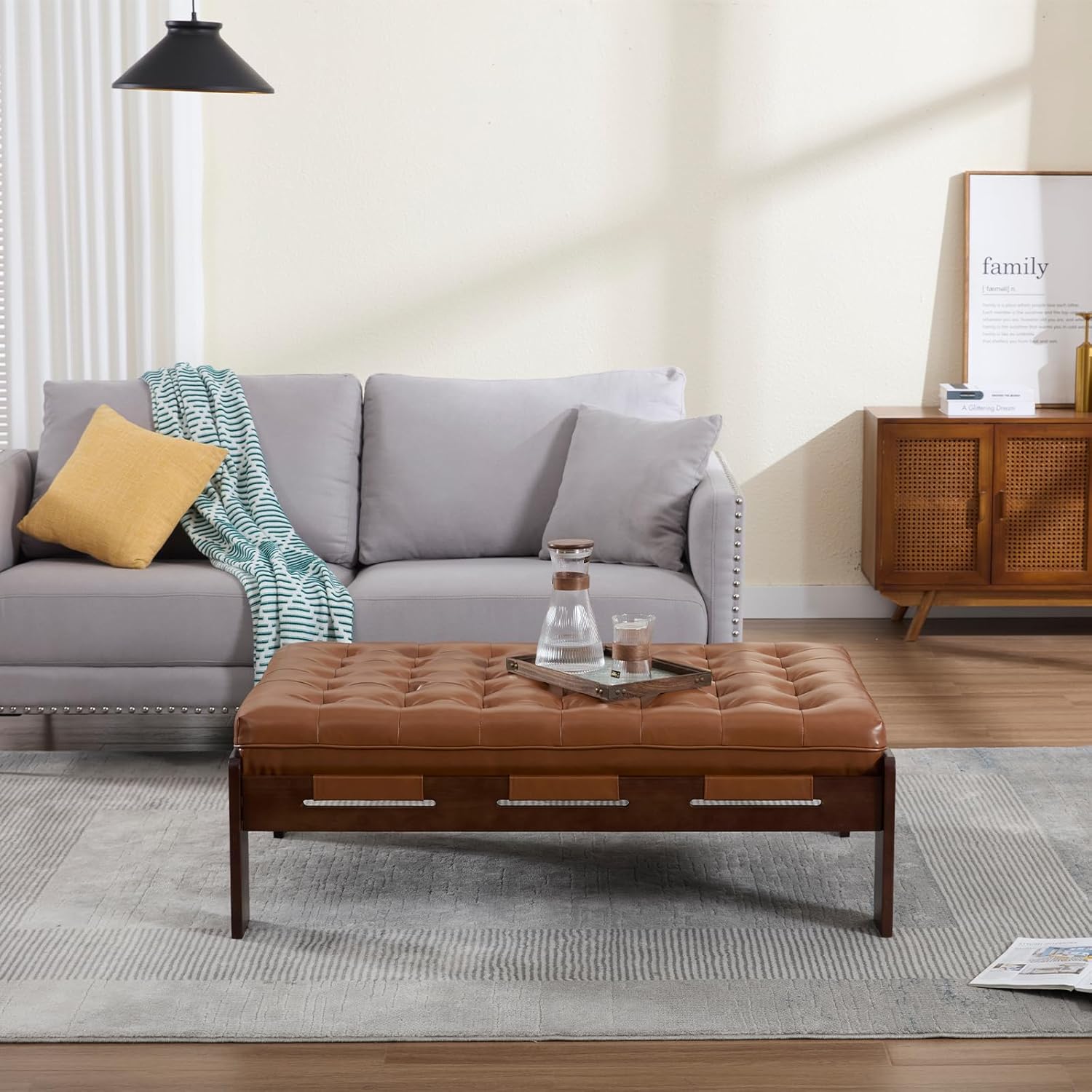 Kmax Coffee Table, 48 Inch Leather Ottoman Coffee Table Rectangular Upholstered Dark Wood Center Table Tufted Tea Table, Oversized Footrest Stool for Living Room - PU, Brown