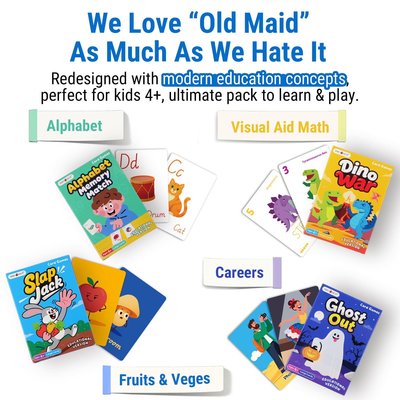 rokt&razo 6 in 1 Educational Kids Card Games, Alphabet Memory Match, Slap Jack, Go Fish, Crazy Eights, War - Image 4