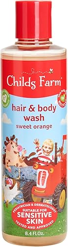 Childs Farm, Gel de baño y cabello para niños para piel seca y sensible, naranja dulce orgánica, limpia suavemente, vegano, libre de crueldad, 8.4