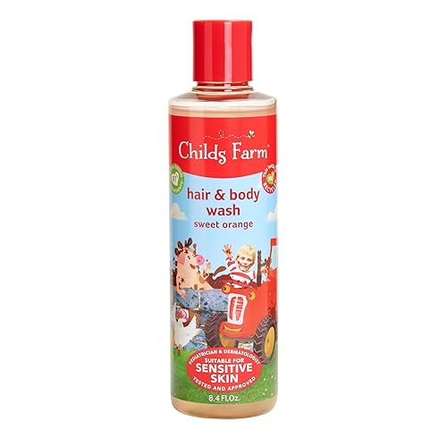 Childs Farm, Gel de baño y cabello para niños para piel seca y sensible, naranja dulce orgánica, limpia suavemente, vegano, libre de crueldad, 8.4