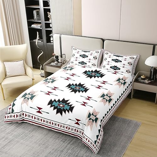 Miniatura 3 de Juego de ropa de cama 100% algodón del suroeste tamaño matrimonial, funda de edredón geométrica bohemia étnica tribal con flechas occidentales,