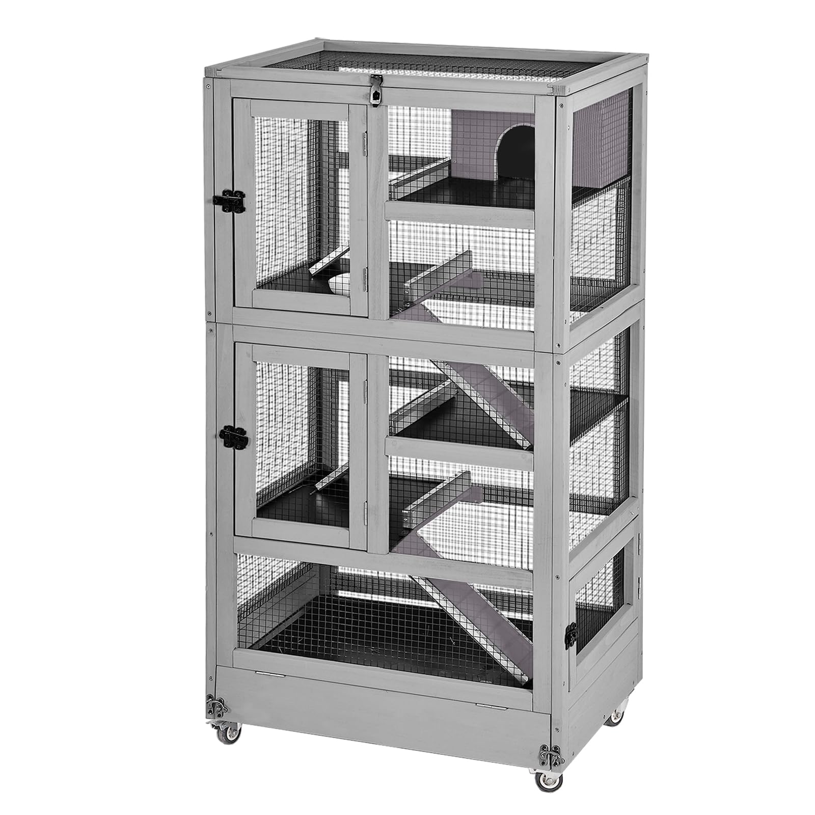 Suumerpety 5-Level Small Animal Cage - Wooden Ferret Cage with Anti-Chew Metal Frame, Wheels & Removable Trays for Chinchillas, Hedgehogs, Indoor/