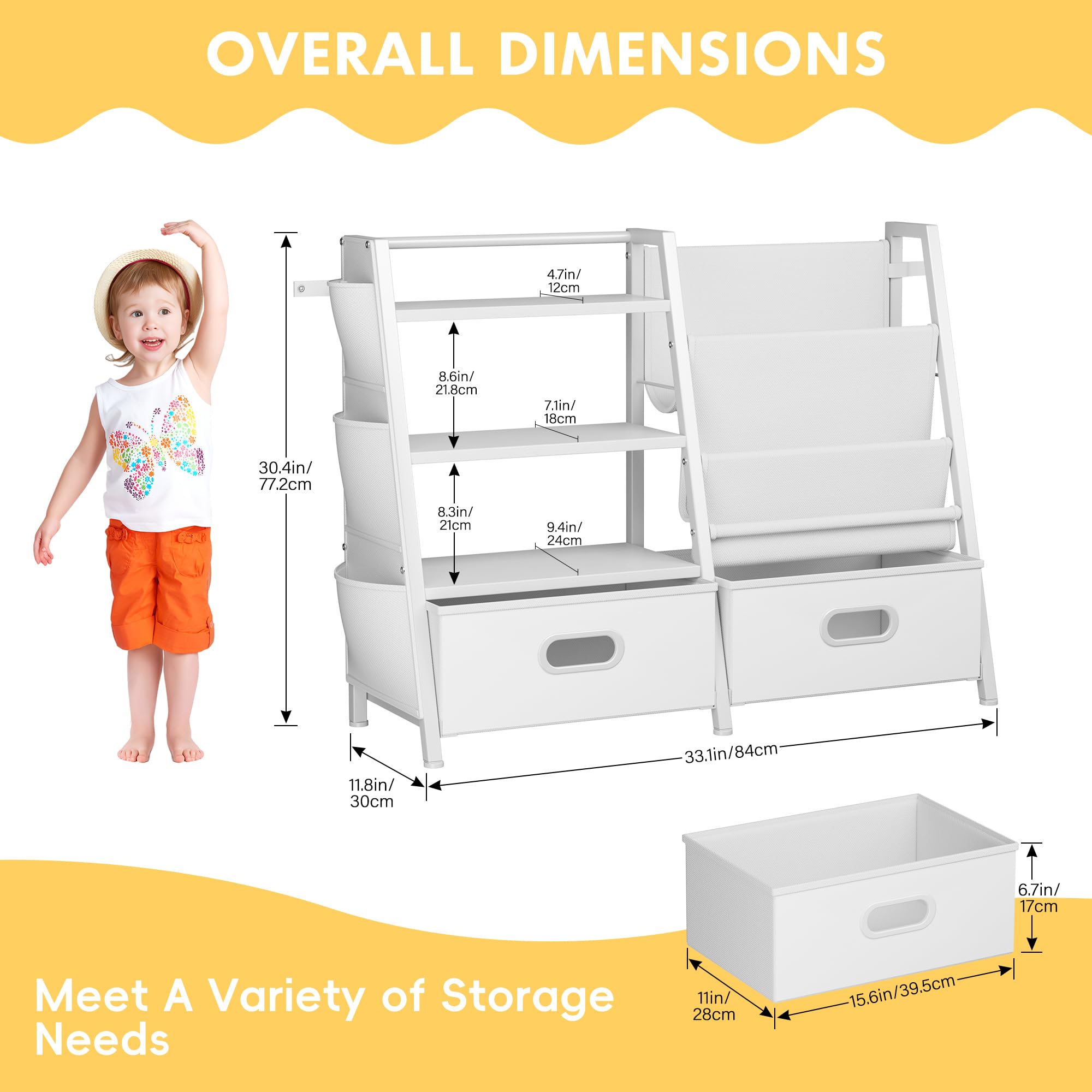 Estantería infantil y organizador de almacenamiento de juguetes, estantería de 3 niveles para niños, estantería con honda y 2 contenedores de juguetes, estante para libros para habitaciones de 3