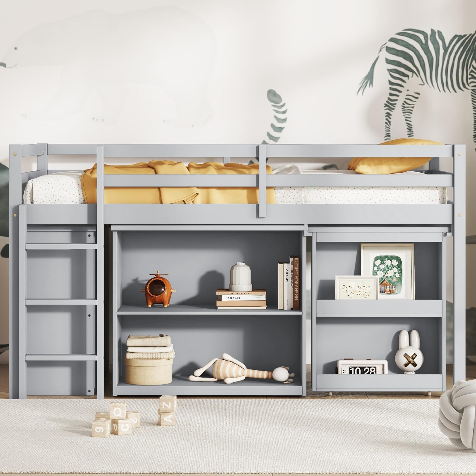 Twin Size Loft Bed with Drawer Cabinet, Shelf Cabinet &amp; Pull-Out Desk, Flexible Storage, Sturdy Plywood Slats, No Box Spring Needed, Mattress Not Included, Gray