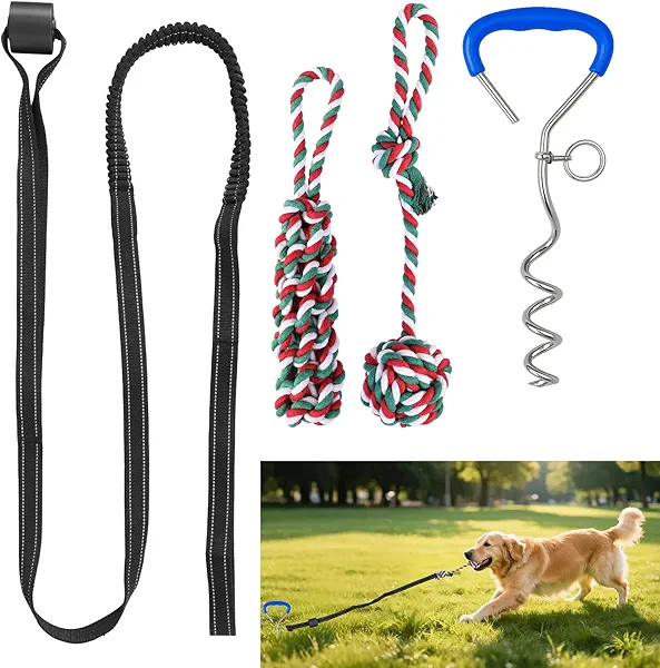 Bungee Tether Tug Outdoor Dog Toy with Stake,Tug of War Dog Toy for Aggressive Chewers to Keep Them Busy,Outdoor Interactive Dog Rope Toy for Medium/Small Dogs,Can Used On Lawns,Trees and Doors