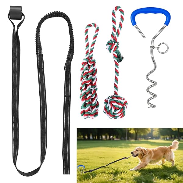 Bungee Tether Tug Outdoor Dog Toy with Stake,Tug of War Dog Toy for Aggressive Chewers to Keep Them Busy,Outdoor Interactive Dog Rope Toy for Medium/Small Dogs,Can Used On Lawns,Trees and Doors