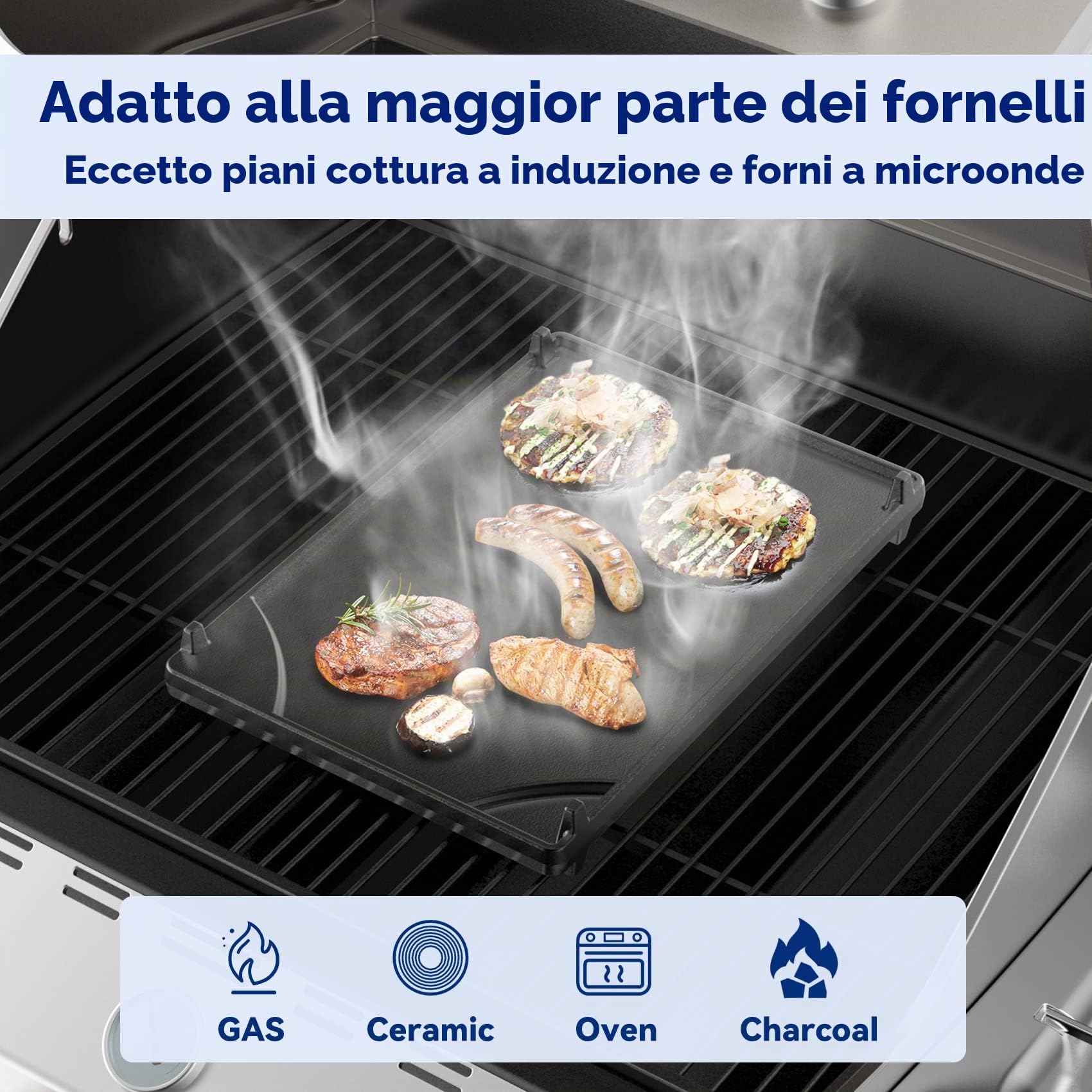 onlyfire Piastra per Barbecue con Fornello Laterale in Ghisa, Piastra per Barbecue a Doppia Faccia, con Telaio in Acciaio Inox Rimovibile, Universale per Quasi Tutte Le Griglie a Gas