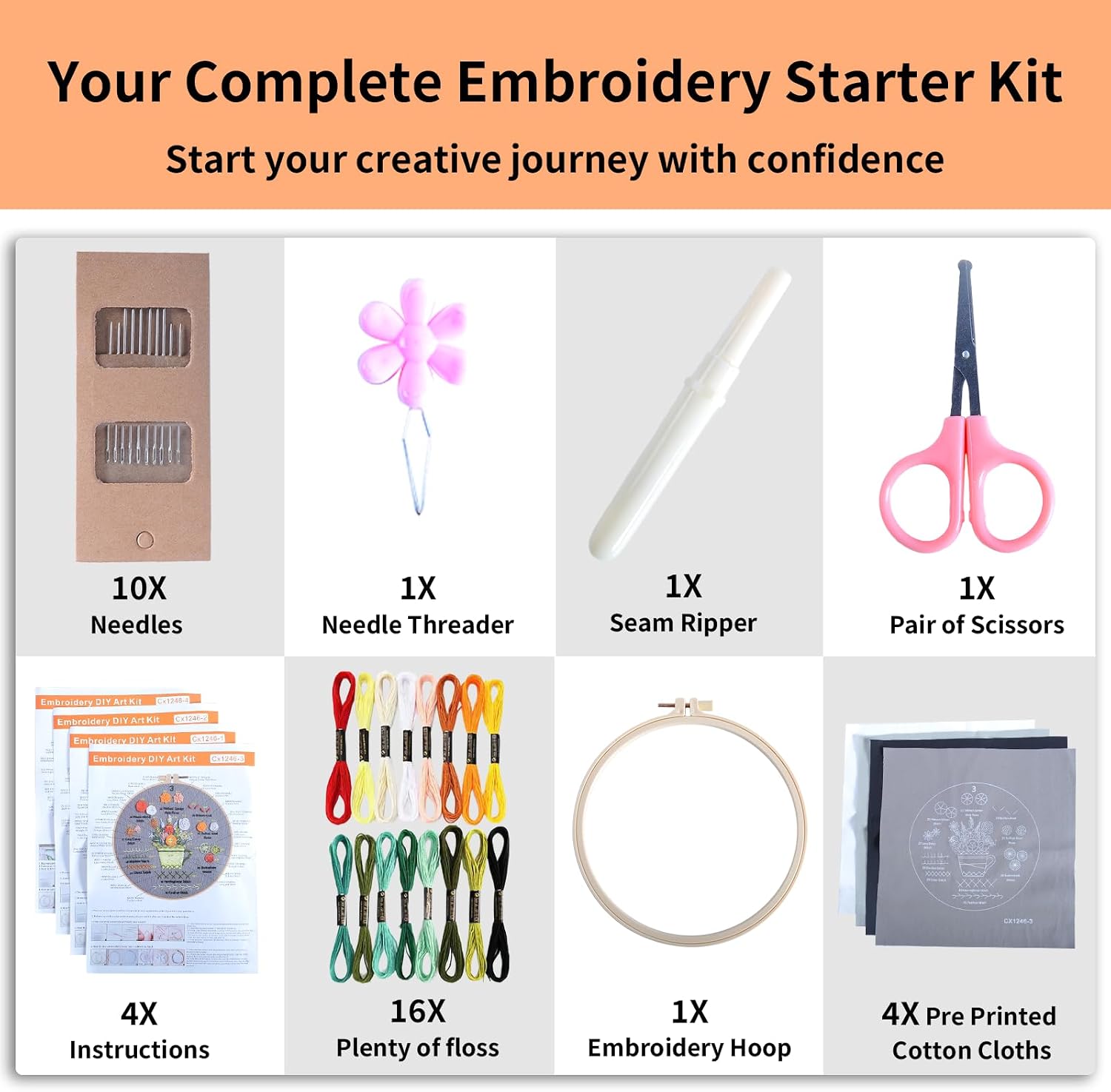 Embroidery Kit for Beginners 4 Sets Cross Stitch Kits, Learn to Embroider 31 Stitches with Hand Embroidery Kit, Needlepoint Kits for Adults Beginners with Stitch Videos