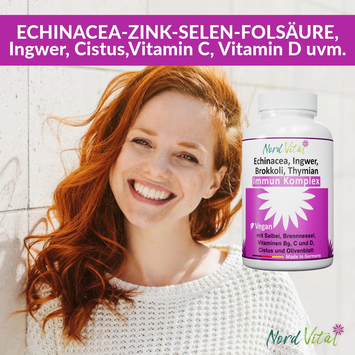 Echinacea Komplex mit 15 aktiven Inhaltsstoffen – Premium Immun-Komplex aus Echinacea, Brokkoli, Ingwer, Salbei, Brennnessel, Cistus, Olivenblatt, Vitamin C, B9, D, Zink & Selen – Made in Germany
