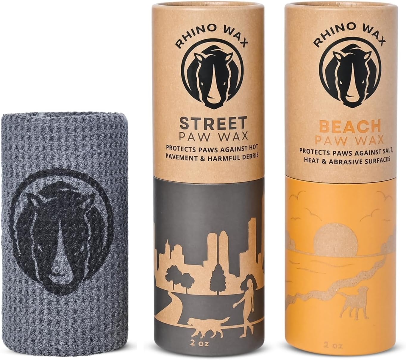 Rhino Wax - Dog Paw Protection for Beaches and Streets (2 Tubes + Cloth) - Summer Care Pack to Protect Your Pupper Against Hot Pavement, Sharp Rocks, Sand, Beach Hazards - Natural Ingredients - USA