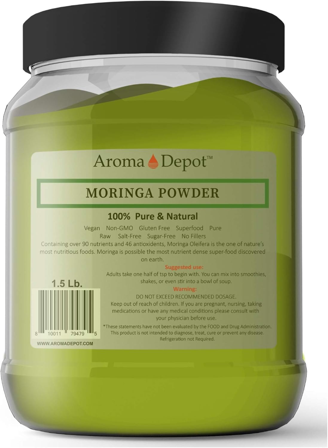 Aroma Depot 1.5lbs. Moringa Leaf Powder Jar (Moringa Oleifera) – Raw, Vegan, Gluten Free, Non-GMO – Fine Green Powder for Smoothies, Tea & Cooking – Product of India