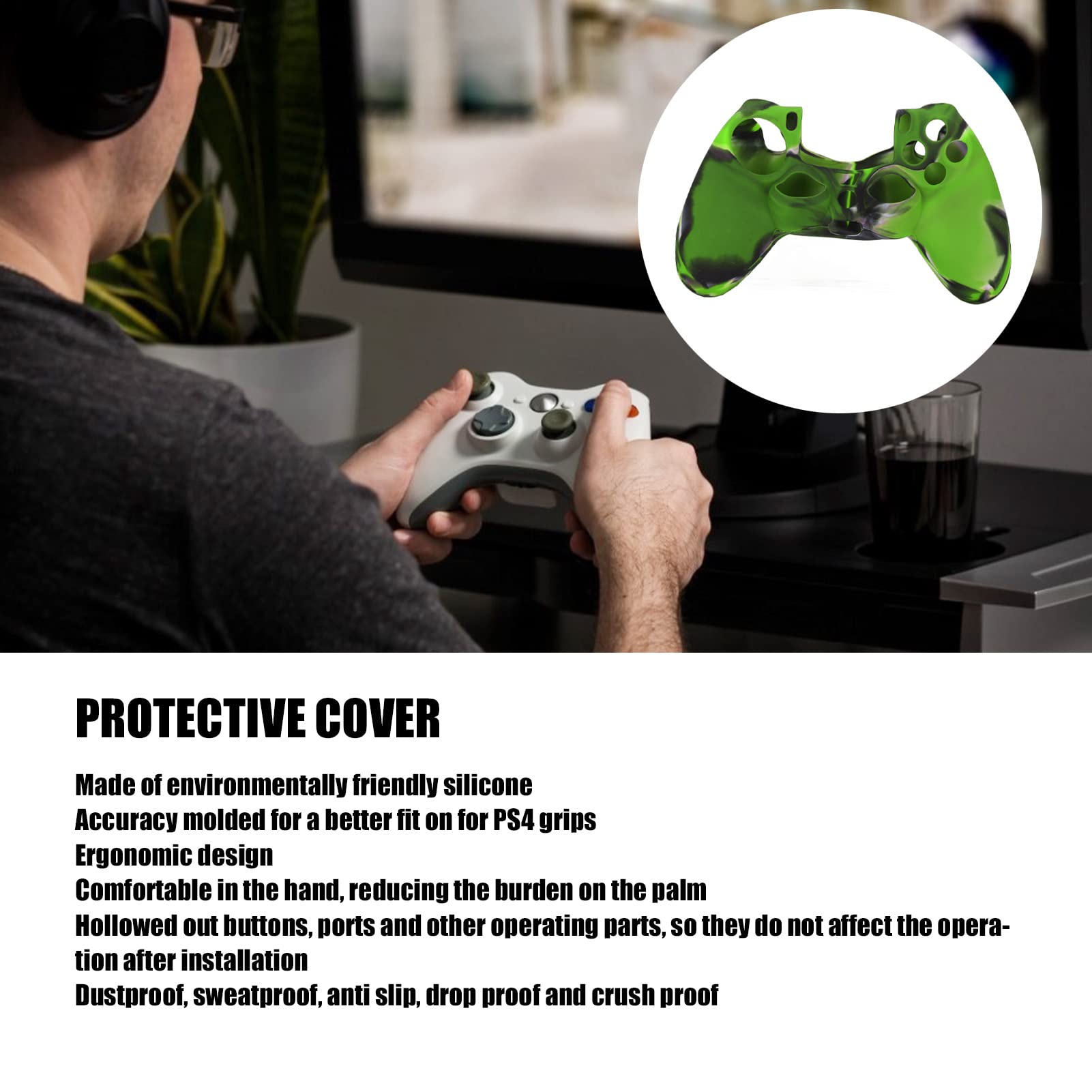 Vikye Housse en Silicone pour Manette PS4, Coque en Silicone Antidérapante avec 1 Paire de Poignées pour Manette PS4, Bleu Camouflage(Vert camouflé)