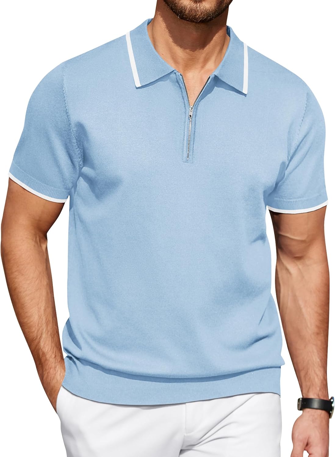 COOFANDY Men's Zipper Polo Shirt Casual Knit Short Sleeve Polo T Shirt Classic Fit Shirts
