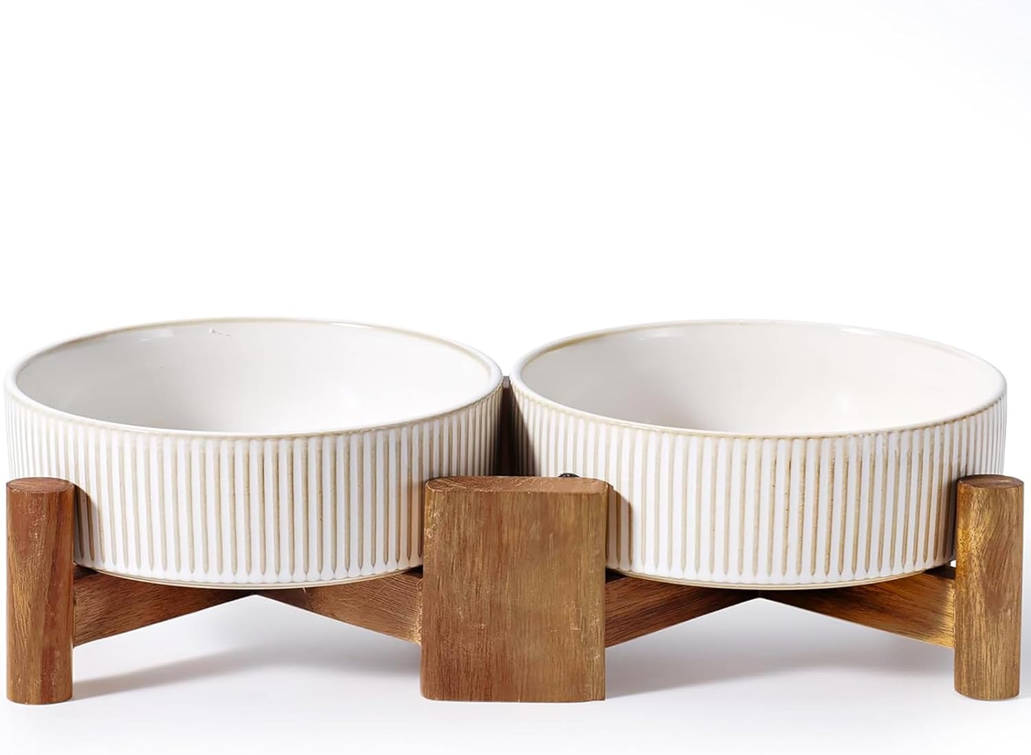 Getstar Elevated Ceramic Dog Cat Bowl Set - 1.8-Cup Raised Feeding Bowls with Non-Slip Wood Stand - Small Pet Dishes for Food and Water - Ideal for Cats and Puppies
