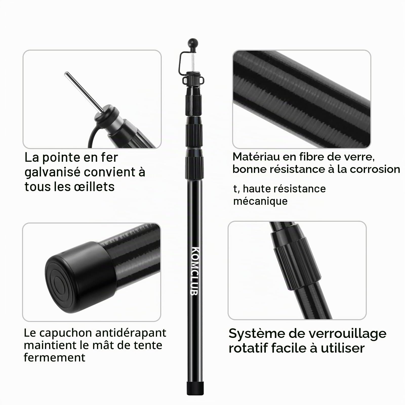 KOMCLUB Lot de 2 Barres de Tente télescopiques, en Fibre de Verre, de 85 à 250 cm, réglables, Ultra légères, pour Voile d'ombrage, tentes, bâche de Camping (2 pièces)