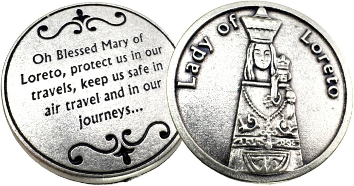 Westmon Works Prayer for a Safe Flight Token Set Metal Pocket Trinket with Our Lady of Loreto Prayer and Holy Card