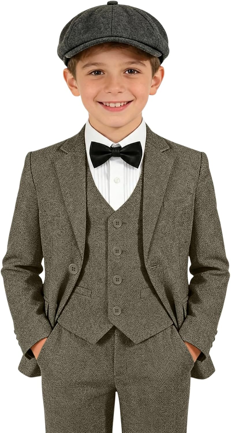 Boys Tweed Suit 3 Pieces Retro Set Herringbone Slim Fit Kids Suits for Boy Formal Wedding Suits for Kids Dresswear