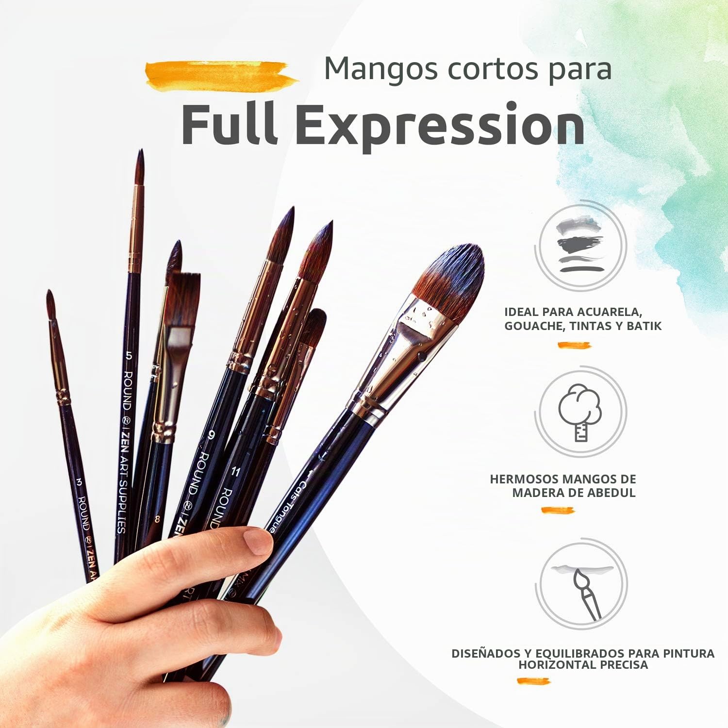 ZenART Pinceles para Acuarela – 14 pinceles, Pelo de Ardilla y Sintético, Mango de Madera y Espátula de Paleta – Planos, Redondos, Filbert, Abanico, Rigger, Lengua de Gato, Detalles – Estuche de Viaje