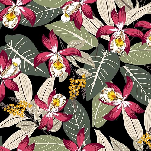 Texco Inc Impreso Crepe Techno Scuba Knit Patrón de flores grandestela elástica de poliéster elastano proyecto de bricolaje negro y rojo 10 yardas