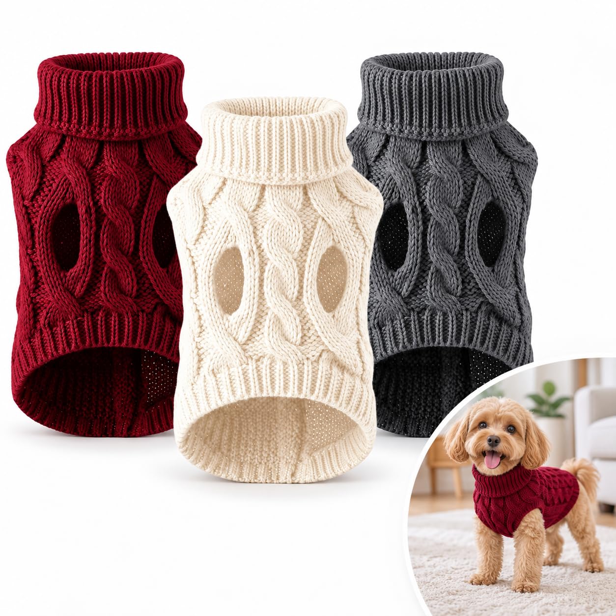 Buuraqq 3Pcs Dog Jumper, Knitted Turtleneck Sweater for Small Dogs, White, Red and Dark Grey
