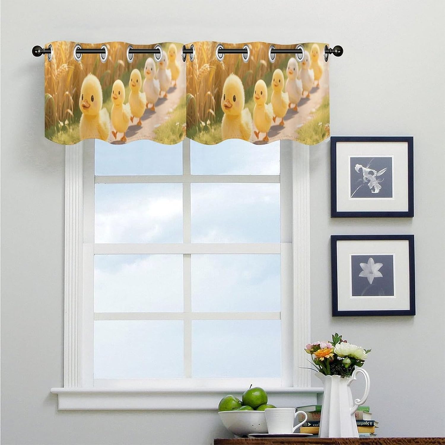 Cute Duck Valance for Windows, 2 Pack Kitchen Curtains Modern Home Decor, Soft Blackout Window Curtains for Living Room & Bedroom, 18 X 52 Inch