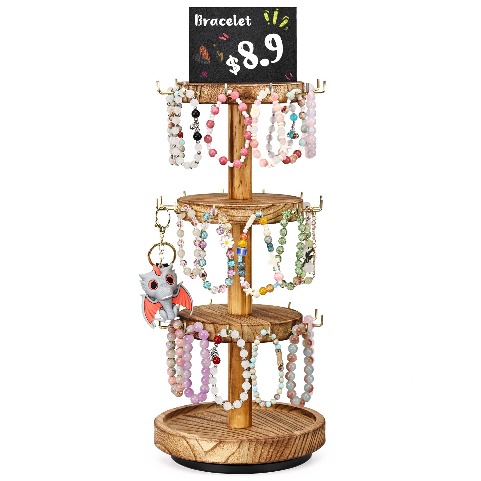 Bracelet Holder, 3 Tier Wooden Rotating Organizer Stand, Rustic Jewelry Hanger Display for Bracelets, Keychains, Hair Accessories, 36 Hooks, Rack with Advertising Board - Carbonized Brown