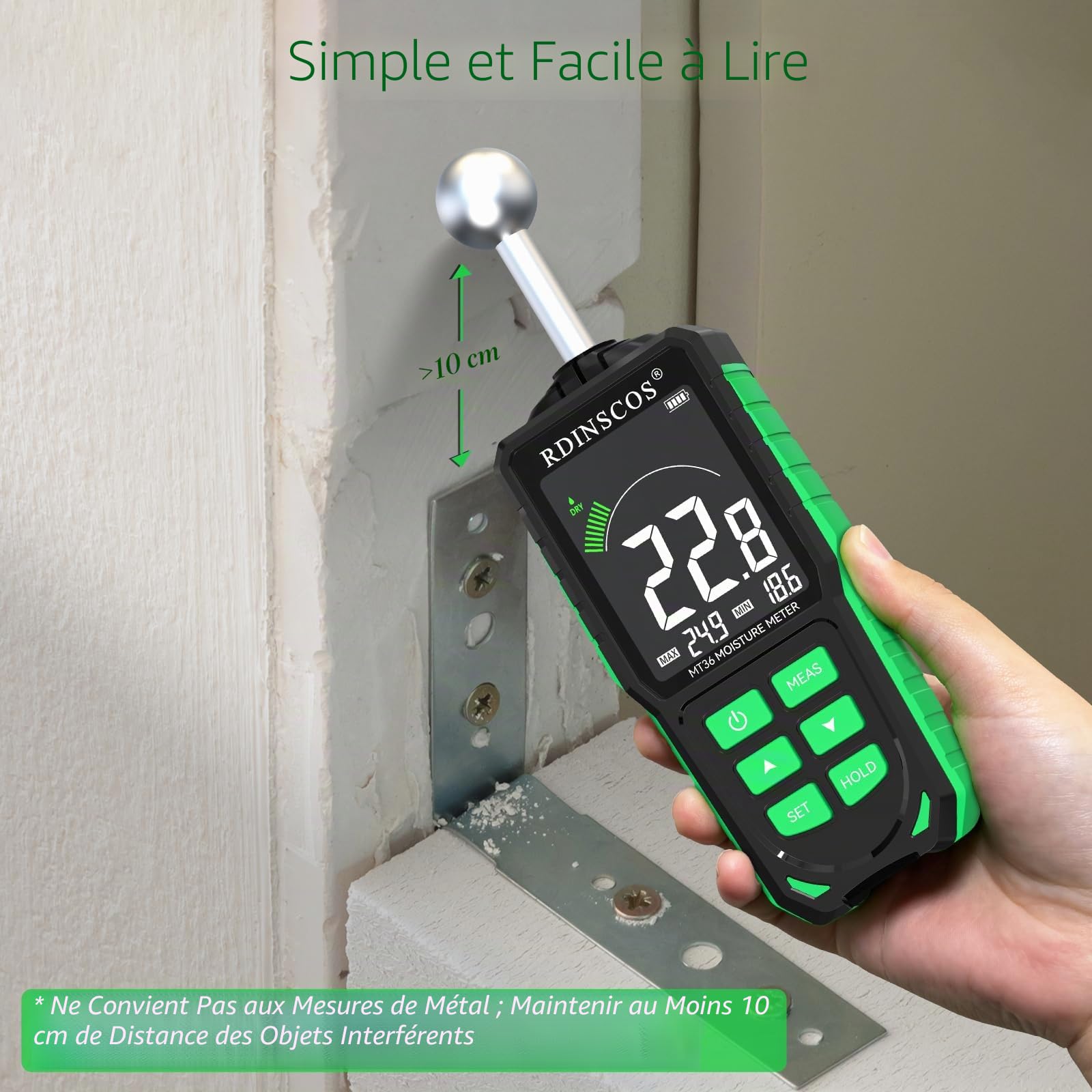 Mètre humide Murs Rechargeable Humidité de Bois, Hygromètre Numérique Professionnel Détecteur d'humidité pour bois, Murs et Planchers Testeur d'humidité (MT36)
