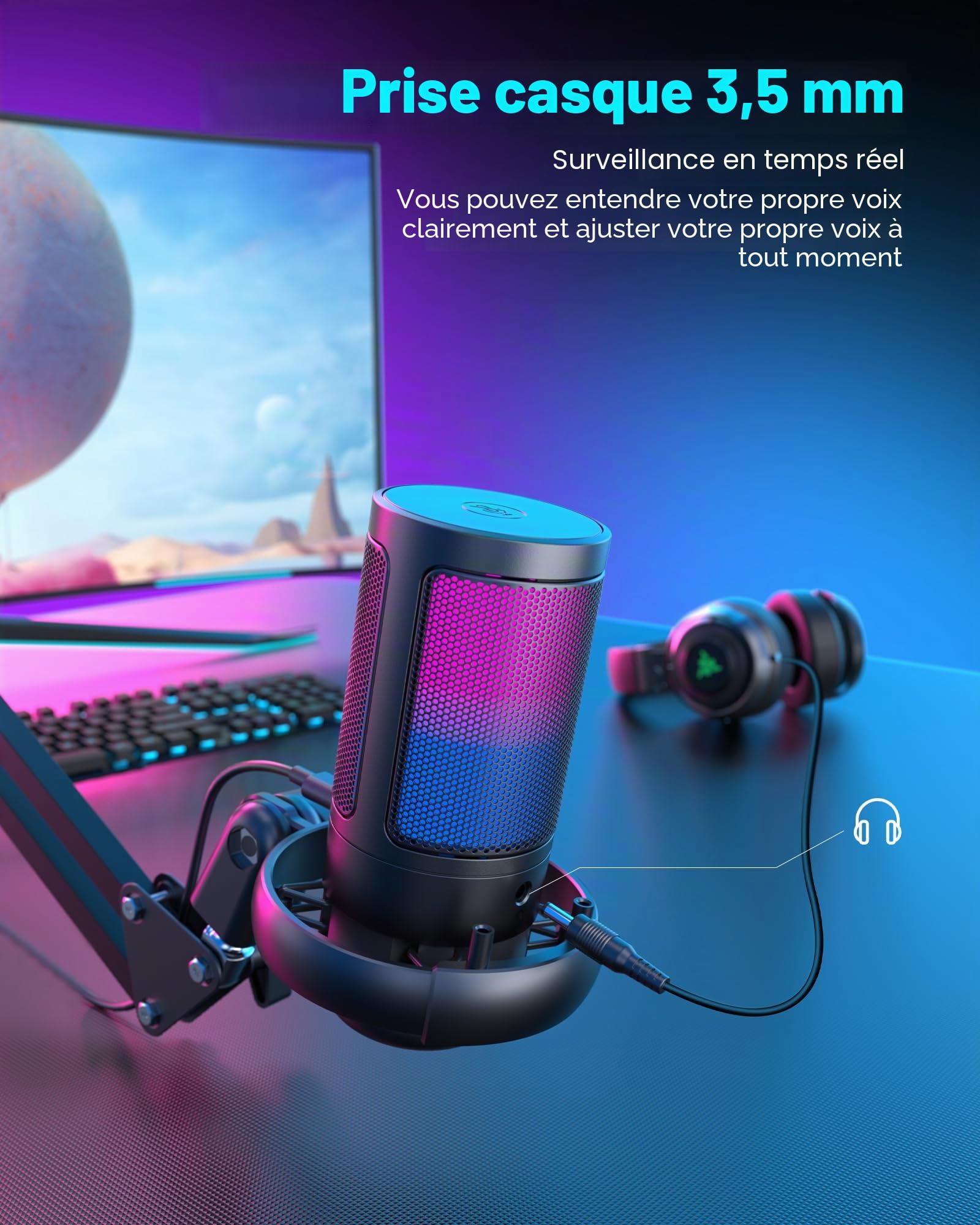Micro Gaming PC - USB Microphone avec Bras pour Mac, PS4 & PS5 - Bouton De Silence, Fixation Antichoc - pour Le Streaming, Les Jeux, Les Podcasts