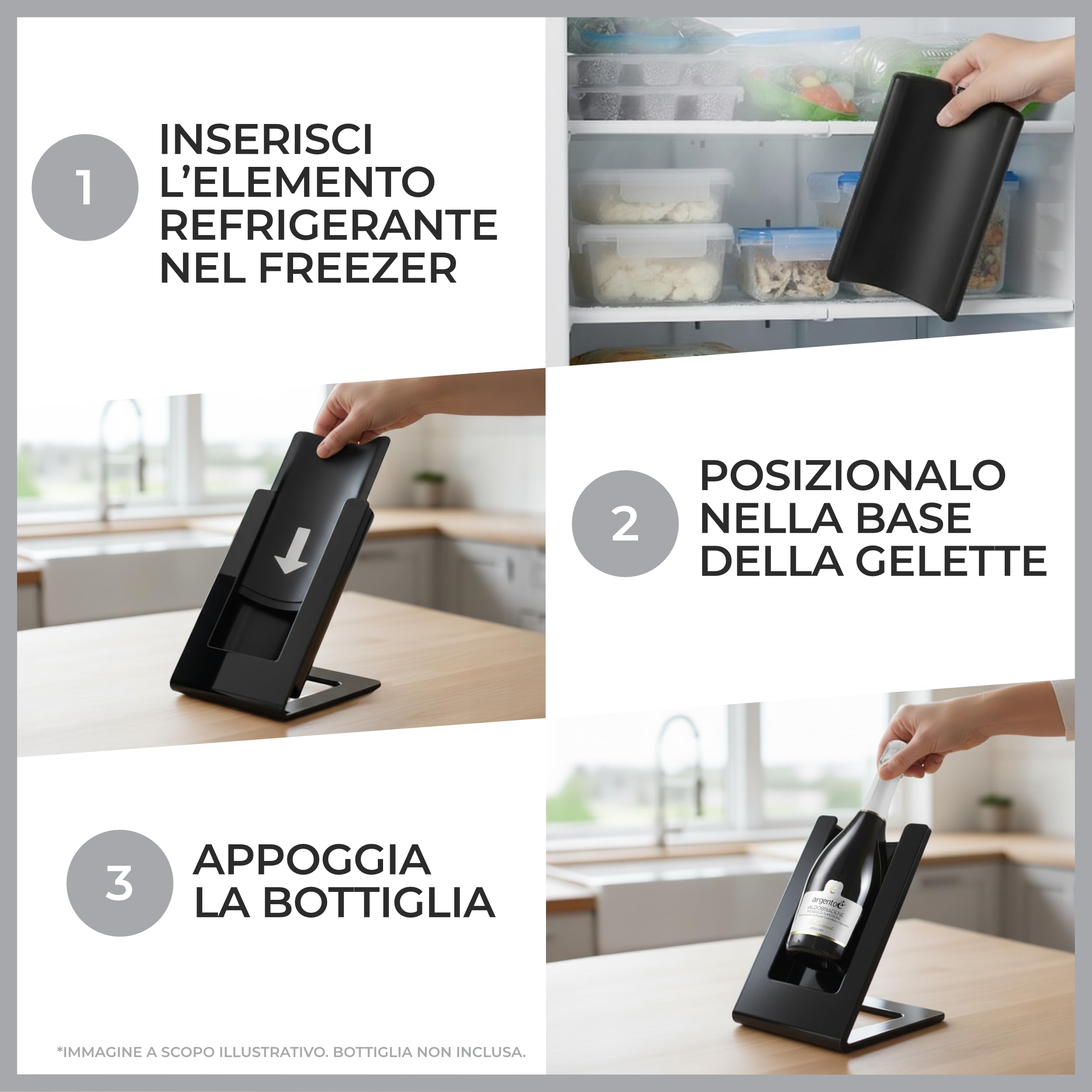 argentoè Gelette Raffredda Bottiglie Vino - Portabottiglie Refrigerante e Glacette Termica da Tavolo - Espositore per Spumanti e Champagne Senza Ghiaccio (Nero) + Elemento Accumulatore Aggiuntivo
