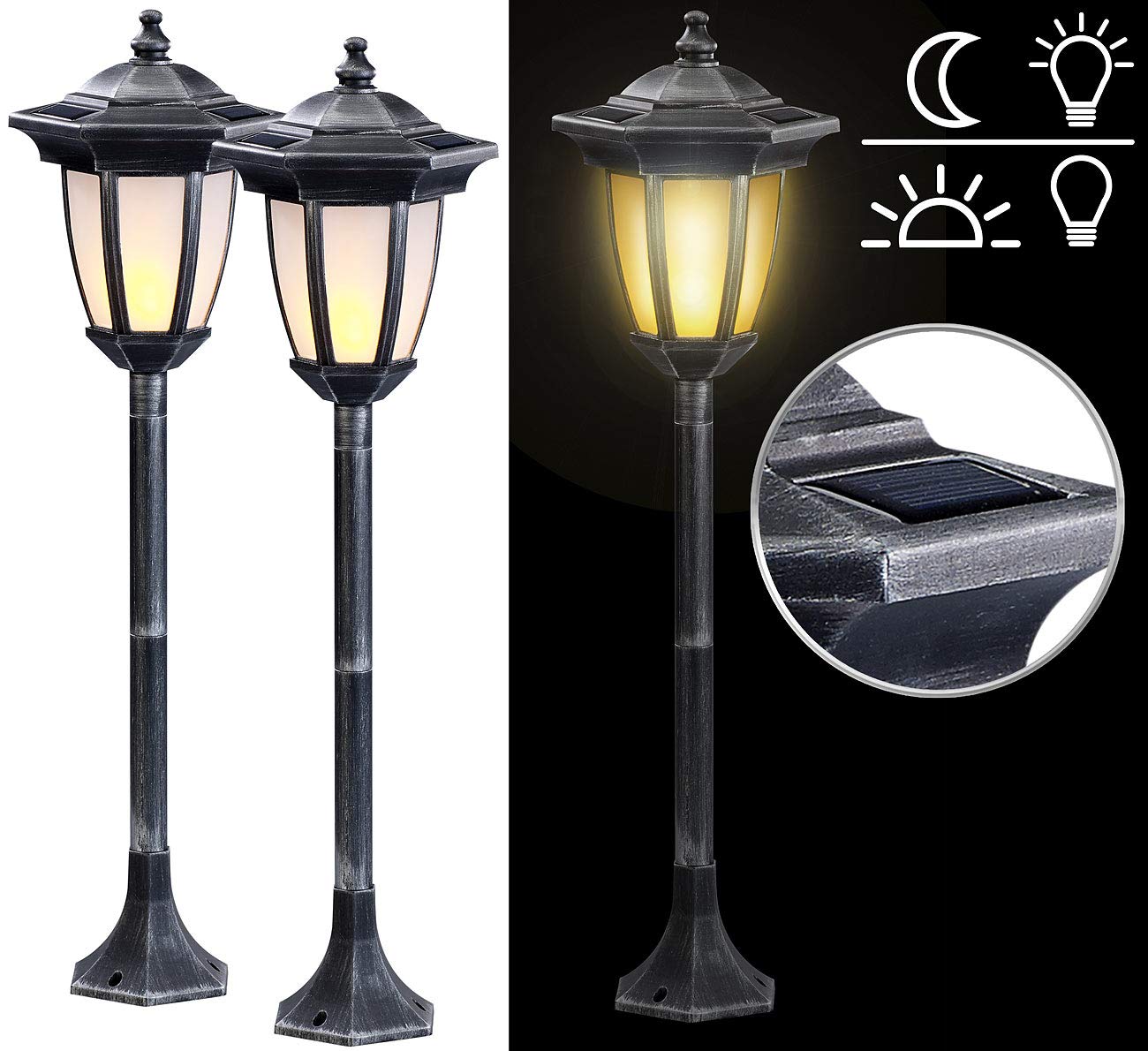Lunartec Standlaterne Garten: 2er-Set Solar-LED-Standlaterne mit Flammeneffekt, 64 cm Höhe, IP44 (Solar Garten, Lampe, Flamme)