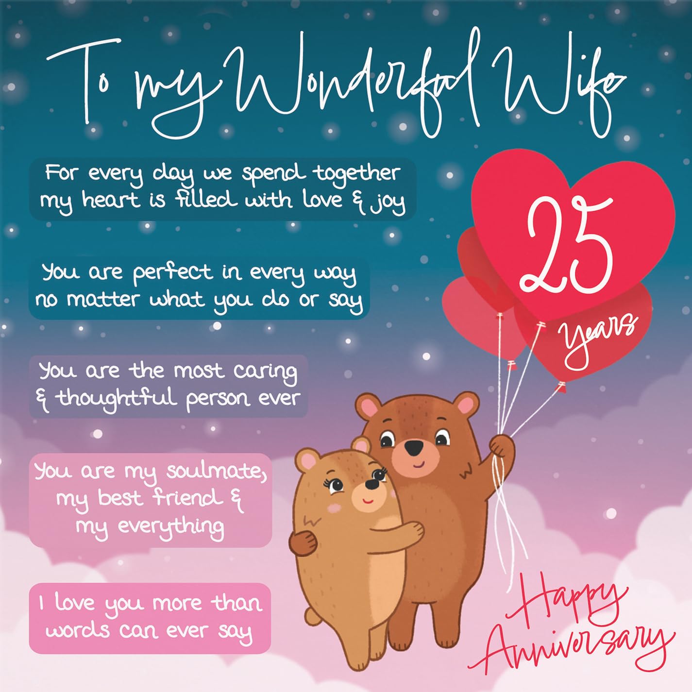 Hunts England - Starry Night 25th Anniversary Card for Wife - Cute Bears & Poem, 25th Wife, Standard (148 x 148 mm) - Image 2