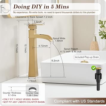 Brass Vessel Sink Faucets, Brushed Gold Tall Bathroom Faucet Single Handle, 1 Hole Bathroom Sink Faucet Waterfall Farmhouse Single Faucet Bathroom Sink with Pop-Up Drain & Pre-Installed Hoses