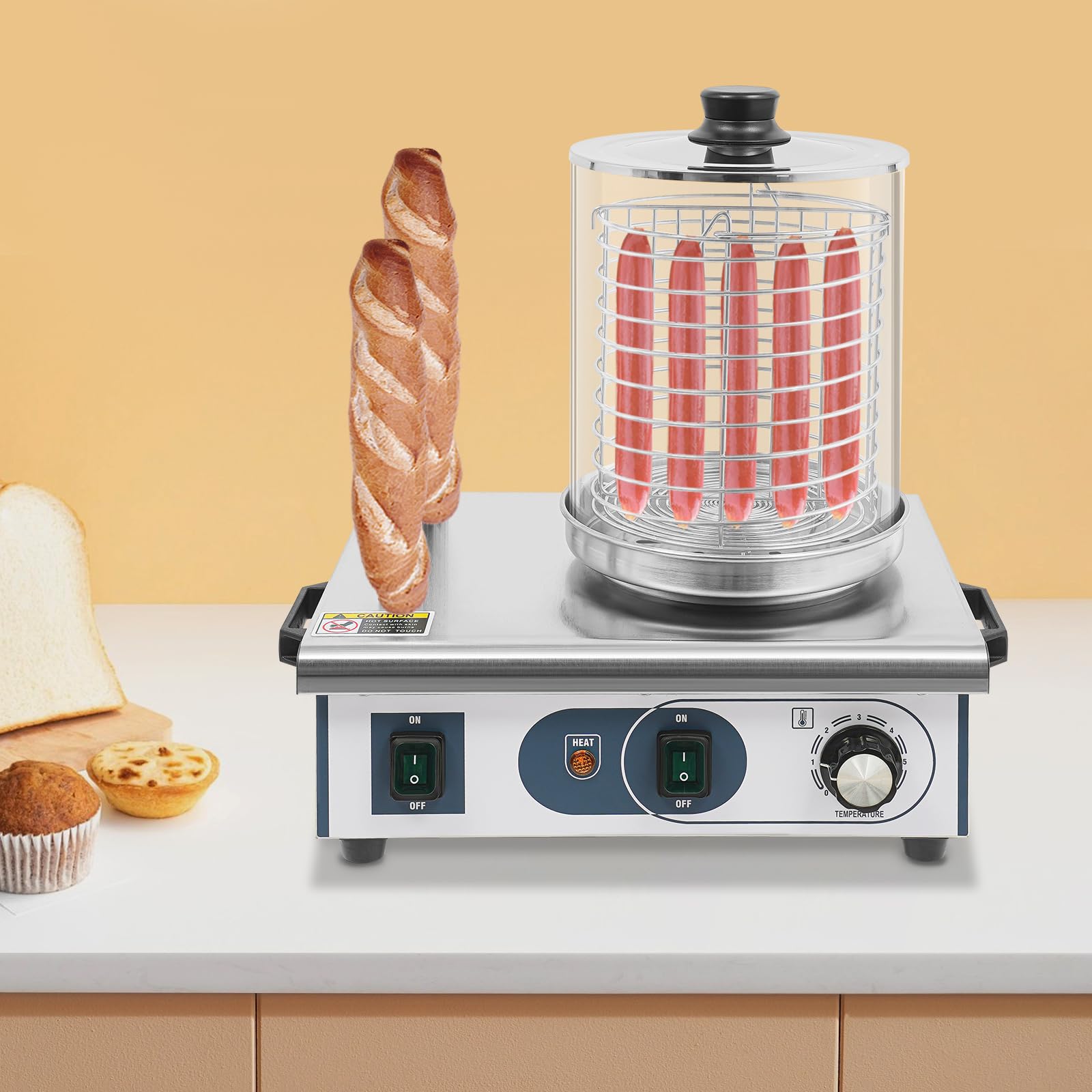 Chauffe-chien professionnel en acier inoxydable avec capacité de 6 l et 2 barres à pain, réglage de la température de 50 à 300 °C, puissance 550 W, pour les plats à emporter, les camions alimentaires